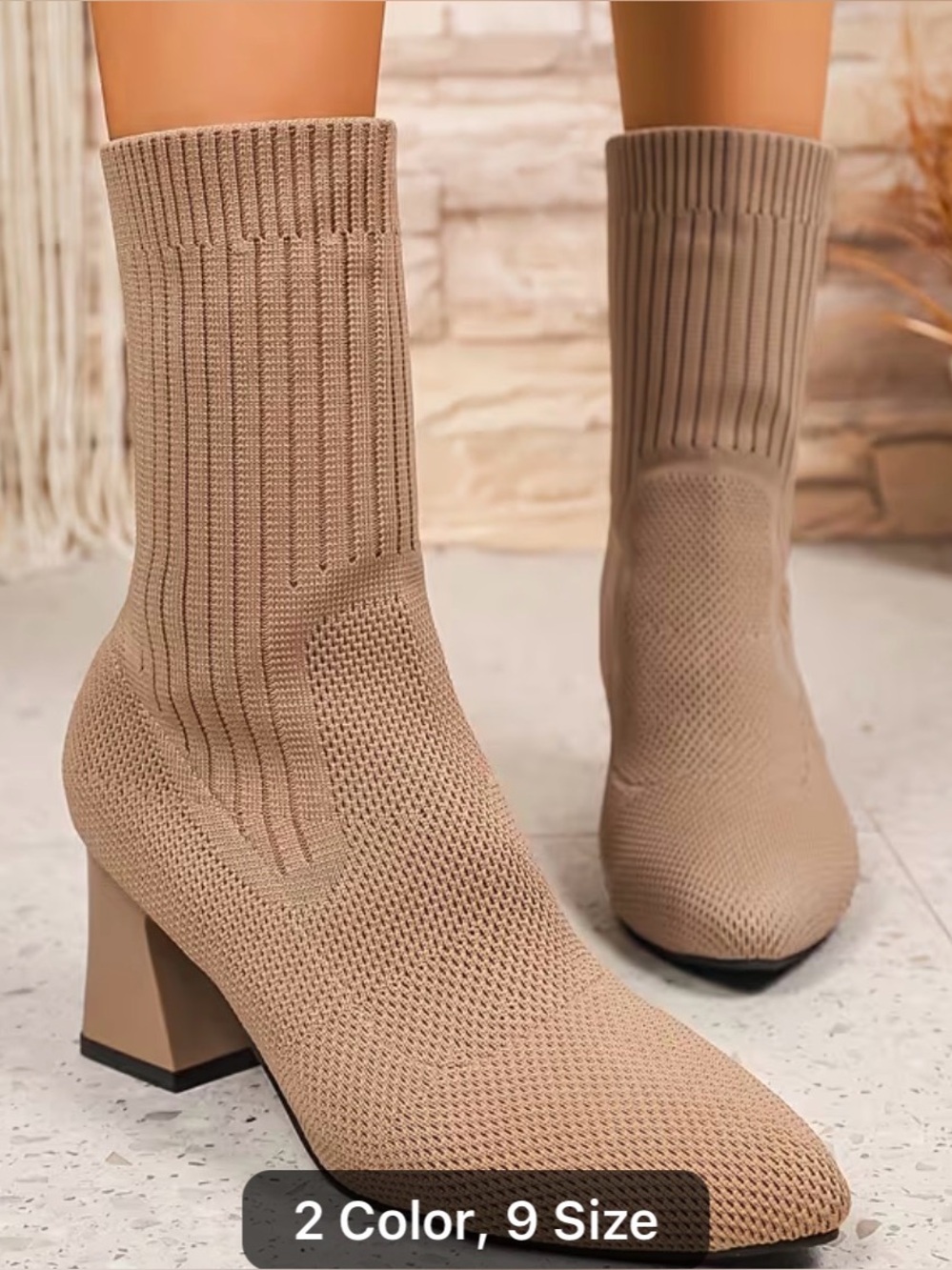 Taup Knit Sock Booties with Block Heel - Women's